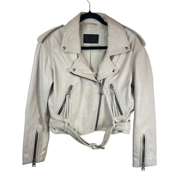 ALL SAINTS Anderson Sheepskin Leather Zip Front Biker Jacket White Size Small - Picture 2 of 16